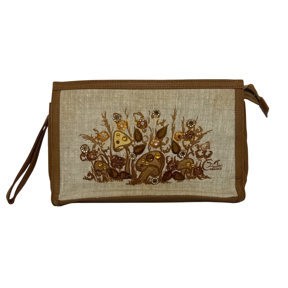 Vintage Enid Collins Mushroom Jewel Linen Wristlet‎ Clutch Bag Brown Purse 1970s